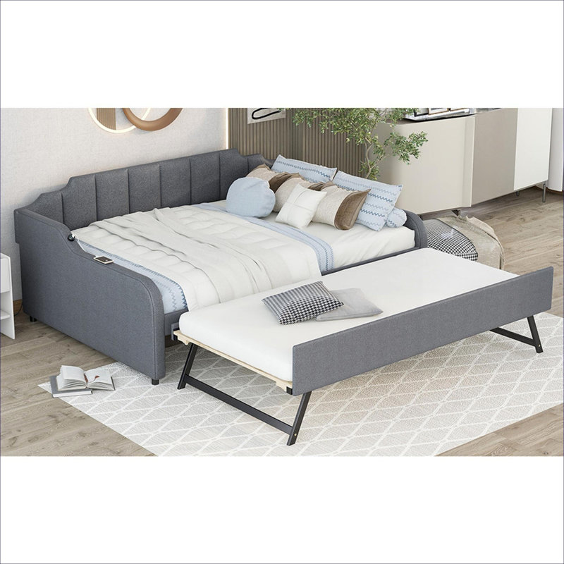 Full-Size Upholstered Platform Daybed with Adjustable Trundle and USB Charging, Solid Pine Construction, Cool Gray