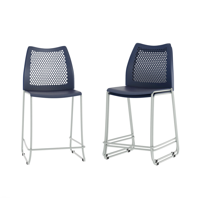 Tabouret de bar empilable avec dossier ventilé et repose-pieds intégré, Bleu / argent, 3