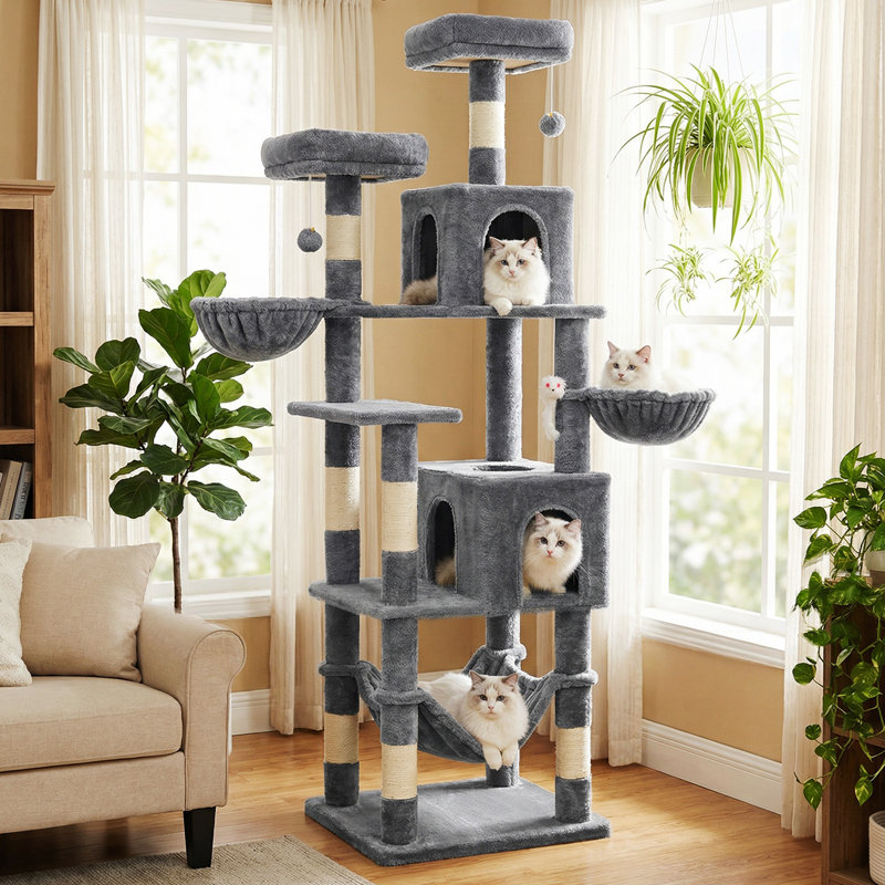 LIKISAK Cat Tree, 70 Inch Cat Tower for Indoor Cats, Multi-Level Cat Tree with Scratching Post, Hammock, Hanging Basket, Large Cat Condos for Adult Cats Kittens