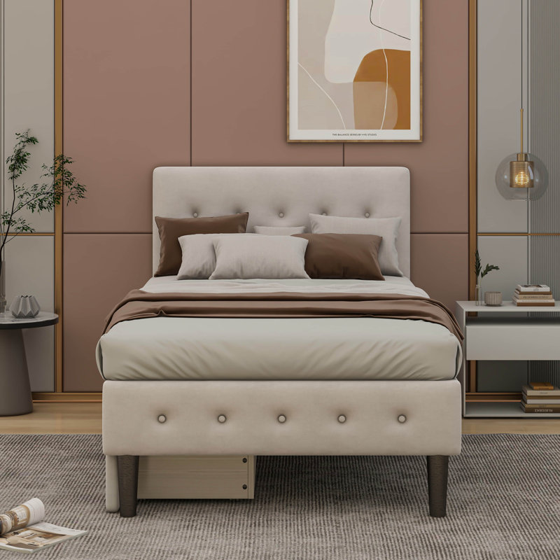 Upholstered Standard Bed with Drawers, Beige