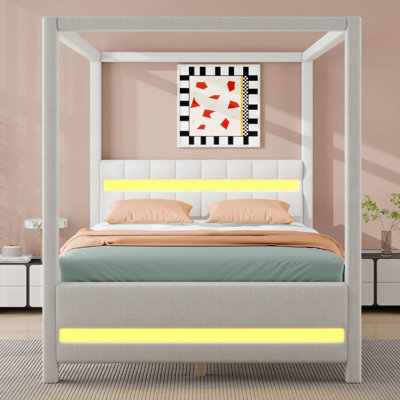 Lit plateforme tapissier à baldaquin avec lumières DEL et tête de lit