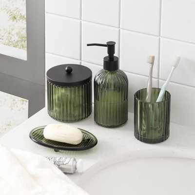 4Pcs Heavy Weight Decent Glass Bathroom Accessories Set With Decorative Pressed Pattern - Includes Soap Dispenser, Lidded Cotton Jar, Tumbler And Soap Dish(Olive Green)