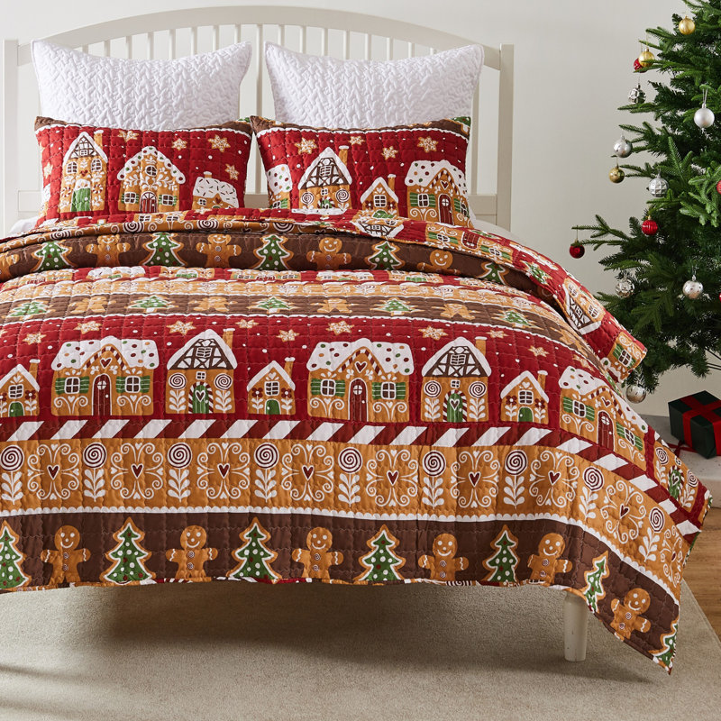 Ensemble de courtepointe rouge 3 pièces Greenland Home Fashions Gingerbread Lane 106 x 92 + 20 x 36 (2), Très grand lit