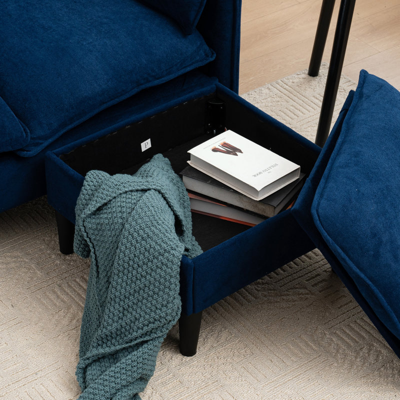L-shaped Sofa with Footstools and Storage, Blue Polyester Blend