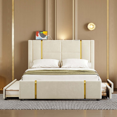 2 Drawers Upholstered Bed With Trundle And Lighted Headboard