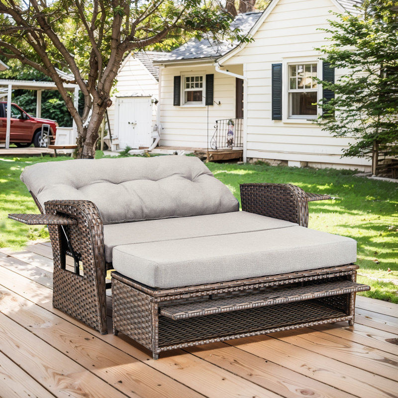 Braxleigh Outdoor PE Wicker Adjustable Reclining Daybed Patio Chair, 4-Position With Storage Ottoman With Cushions, Beige