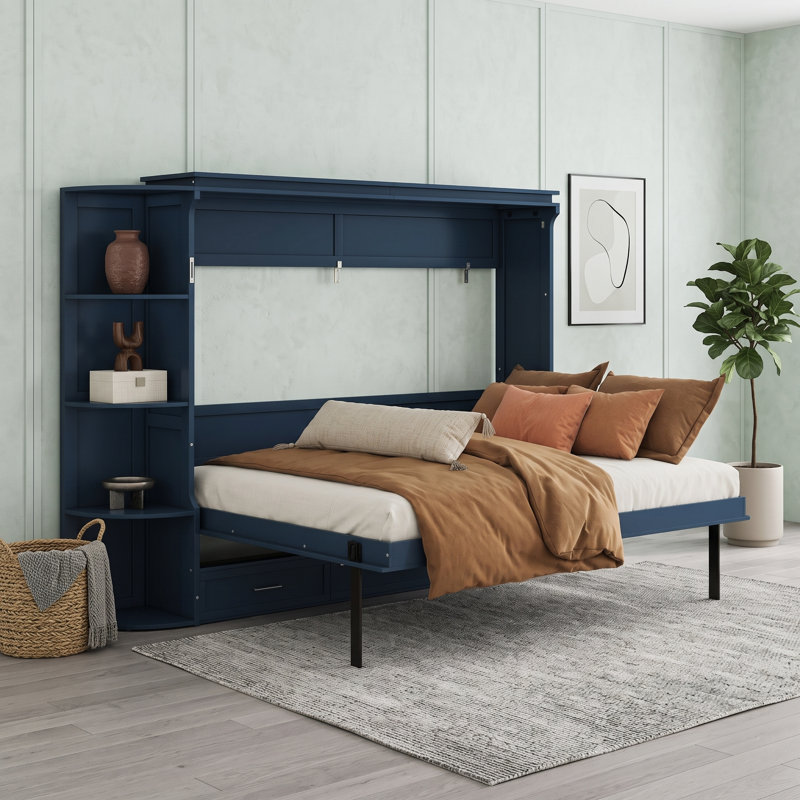 Lit escamotable peu encombrant avec tablettes latérales et tiroirs, Grand lit, Bleu