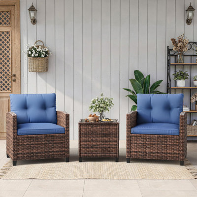3-Piece Outdoor Wicker Patio Set – All-Weather Rattan Chairs, Washable Cushions & Tempered Glass Table