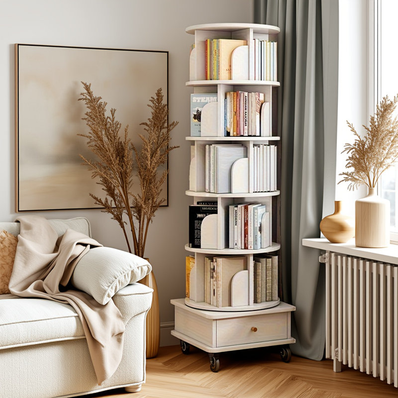 Bibliothèque pivotante à 360 °, (5 tablettes) H 68,11 po x l 18,11 po x P 18,11 po, Blanc