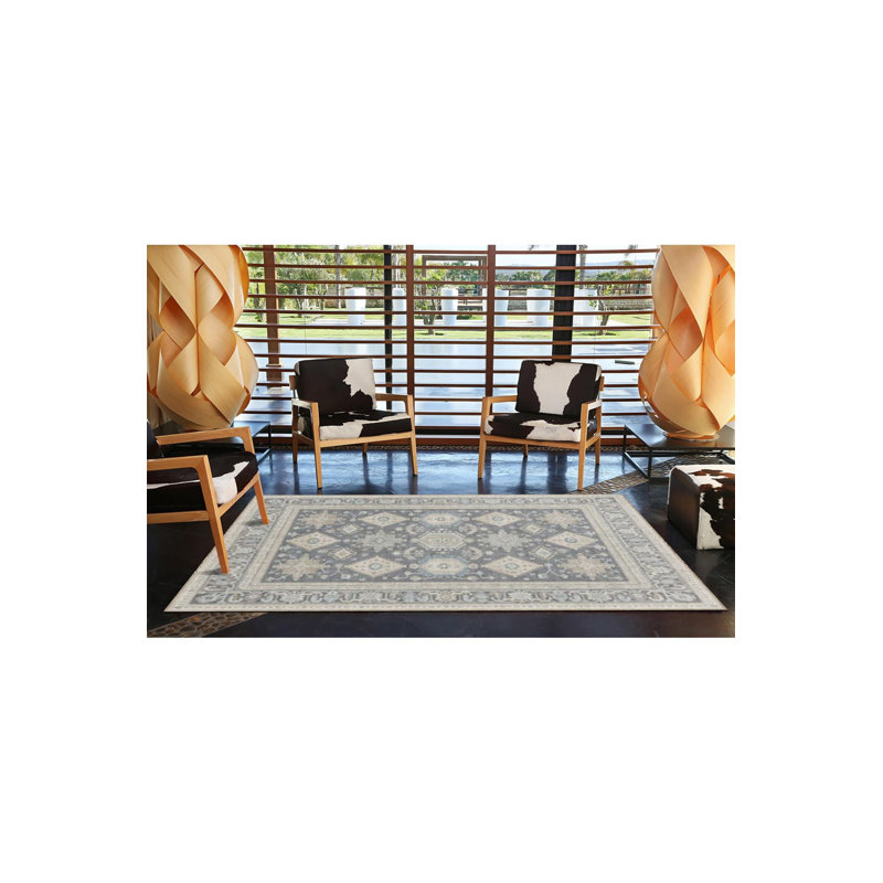 Tapis tissé à motif géométrique anthracite lavable à la machine, Carré 3 pi 11 po