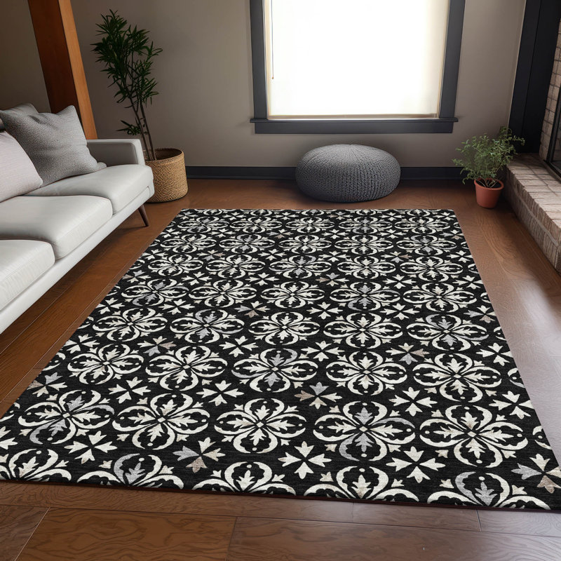 Premium Machine Washable Prisco Black Rug, Rectangle 2'6" x 3'10"