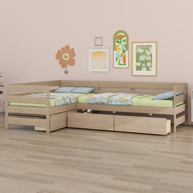 Lit plateforme en L avec trois tiroirs de rangement, Naturel
