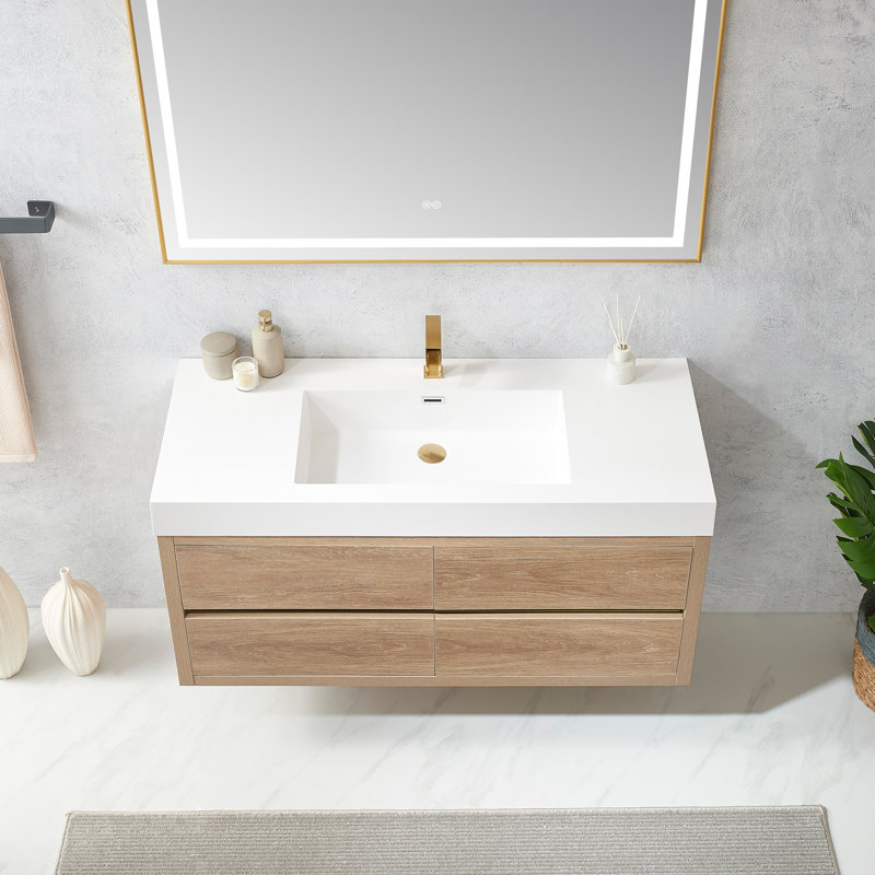 Ensemble de meuble-lavabo mural simple 48 po Palencia, Finition chêne nord-américain, Blanc