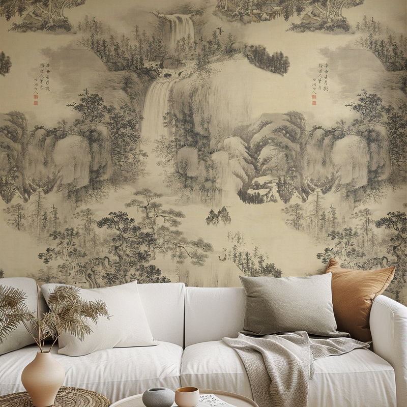 Beige Chinese Landscape Oriental Wallpaper