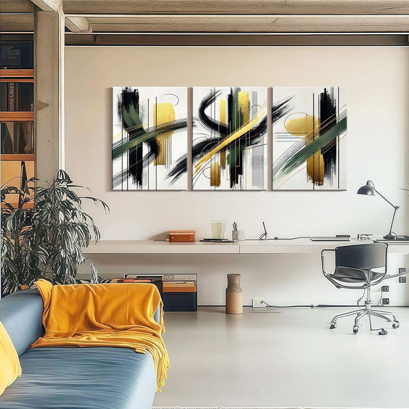 3 Pcs Framed Abstract Wall Art Modern Gallery Prints Gold Lines Canvas Painting Minimalist Poster Picture Living Room Bedroom Office Wall Decor Ready To Hang