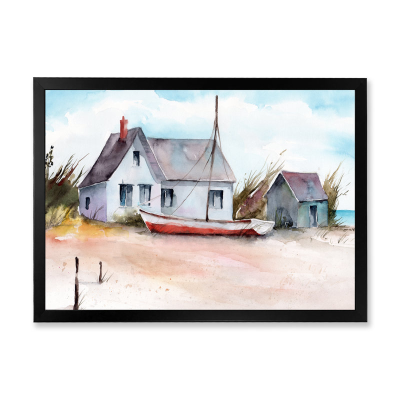 Maison avec petit bateau sur une plage I - Peinture sur toile, H 16 po x l 32 po, Toile avec cadre de coin noir fermé