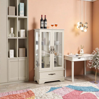 Lighted Cherry Curio Cabinet with Adjustable Glass Shelves - American Retro Style Display Cabinet with 2 Doors, 1 Drawer, and Mirrored Back, Bulb Incl by Alcott Hill