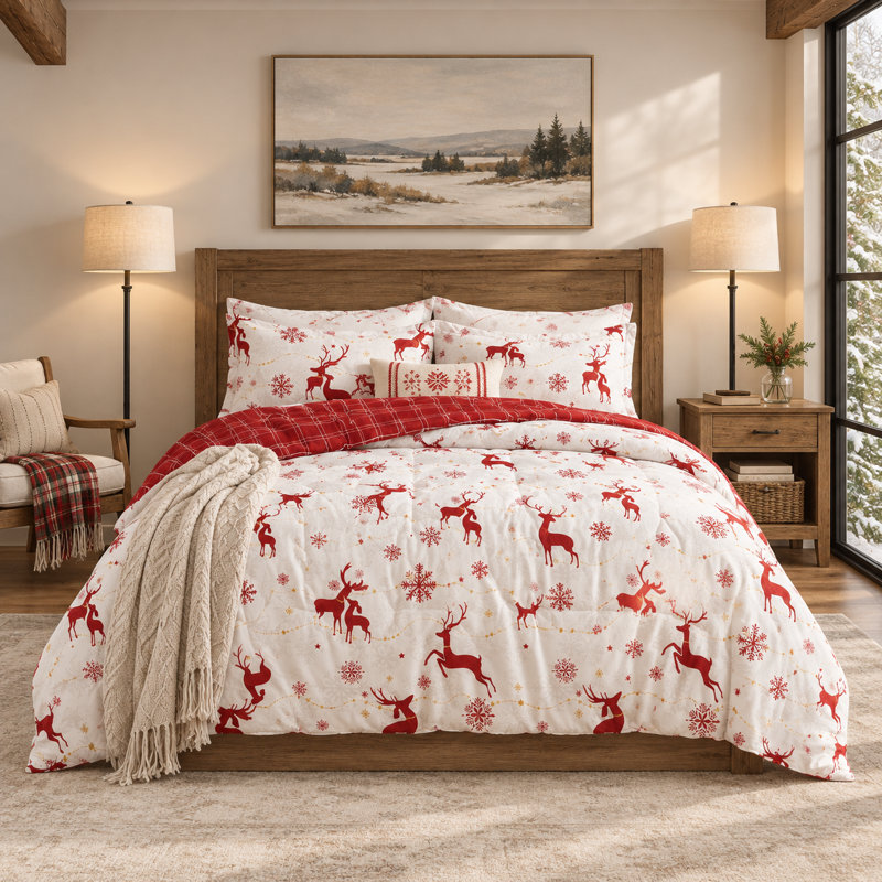 Christmas Reindeer Reversible Quilt Set, King Comforter + 2 Pillowcases