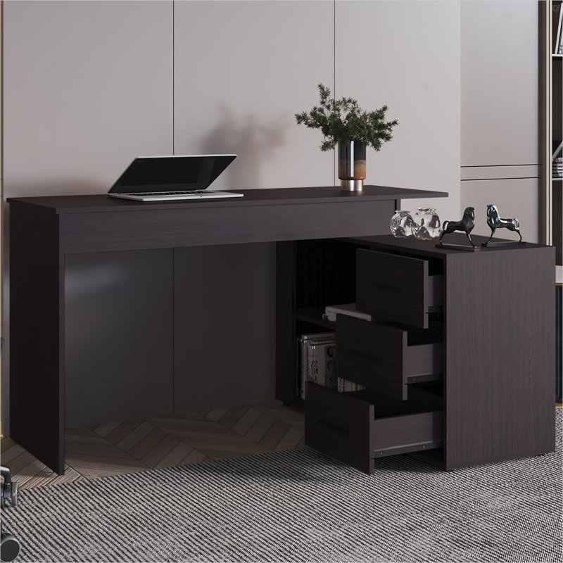 Bureau d'ordinateur en L avec tablettes ouvertes, panneau de particules noir élégant, poste de travail en coin pour bureau à domicile ou bureau