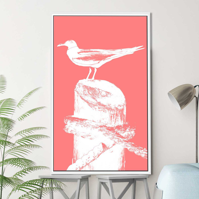 «Percher Seabird I», reproduction de peinture acrylique, H 63,5 po x l 39,5 po x P 2 po, Cadre flottant blanc