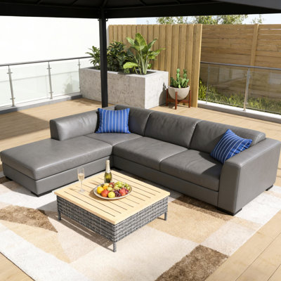 Table d'appoint d'extérieur avec rotin PE, table de bout de patio avec plateau en bois de sapin naturel, table d'appoint résistante aux intempéries pour porche de piscine de patio, gris