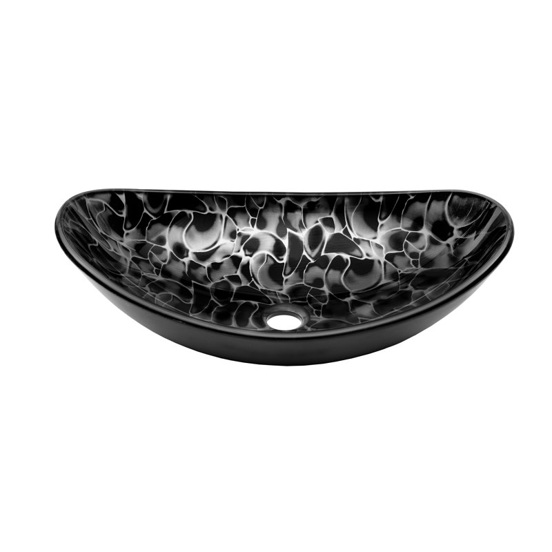 Novatto 14.5'' Black/Silver Glass Oval Bathroom Sink, Brushed Nickel