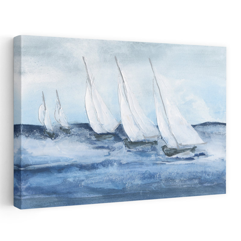 Groupe de voile IV côtier; Nautique bleu gris blanc bateau nuage, H 24 po x l 16 po