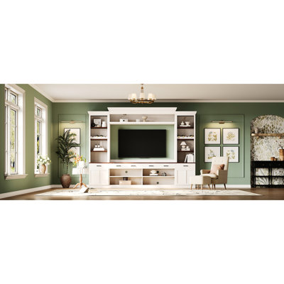 70-Inch Tv Stand Entertainment Wall Unit, 4 With Bookshelf, White Base, Walnut Tabletop, Mid-Century Media Console, Wine Rack, Adjustable Shelves, Two Cabinets Center For Tvs, Style, Four Drawers,