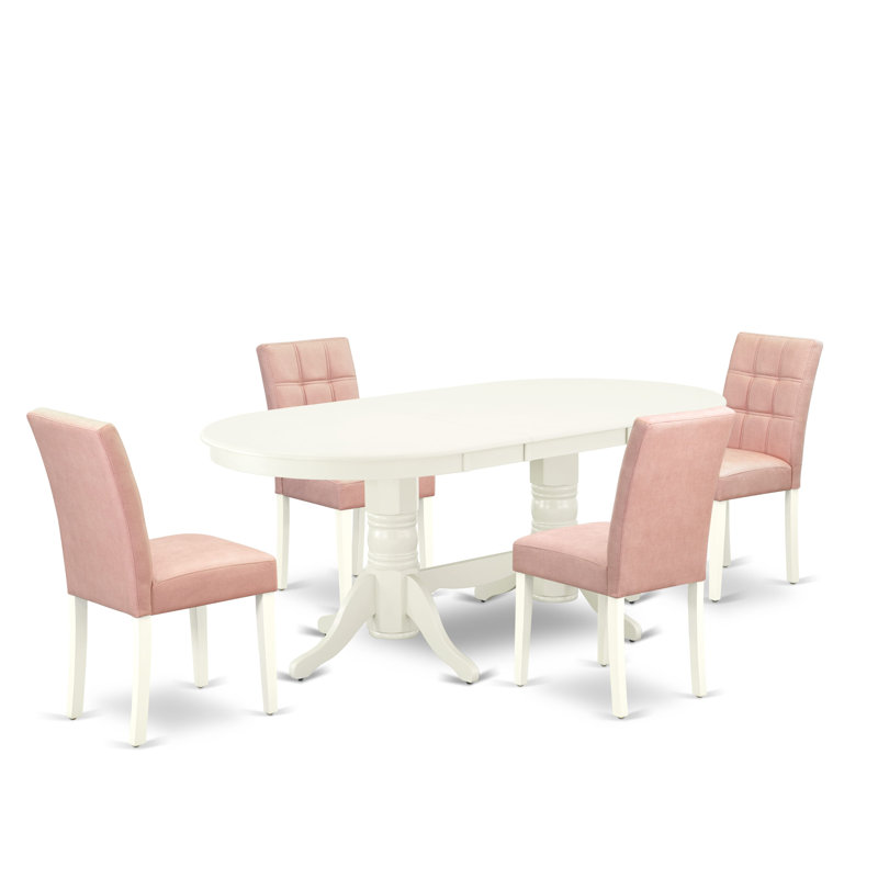 Ensemble de table de salle à manger 5 pièces Mid-Century comprenant une table en bois et 4 chaises rembourrées en similicuir beige avec dossier élégant - lin blanc