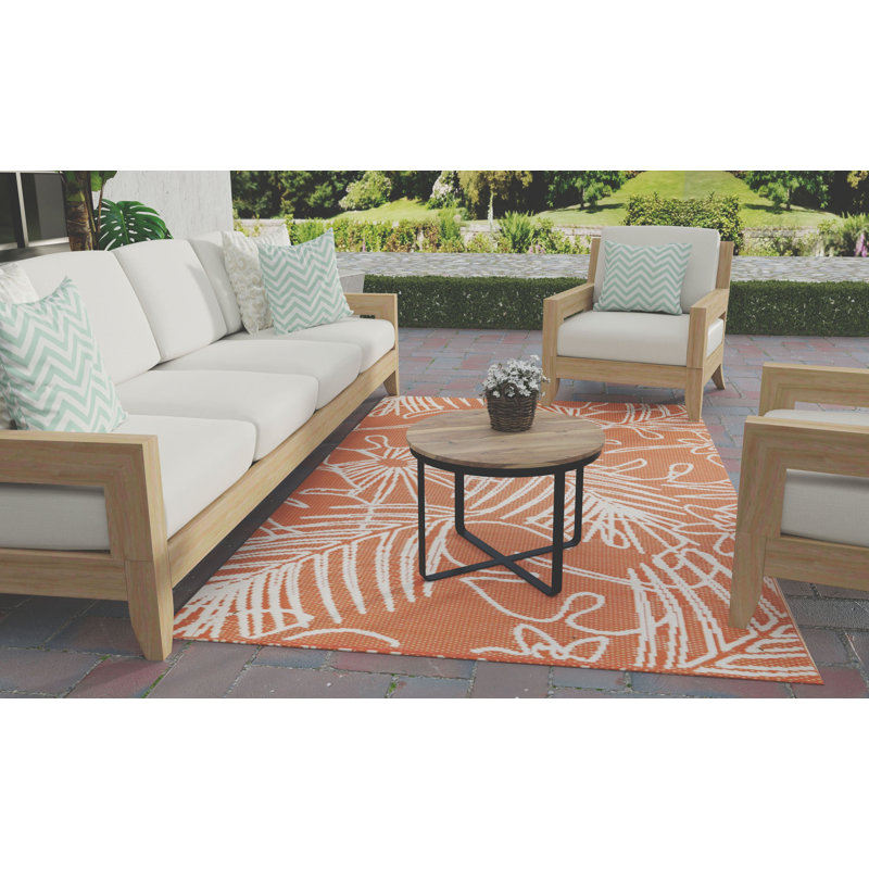 Tapis intérieur / extérieur floral ivoire / orange crocheté à la main, Rectangle 4 pi x 6 pi