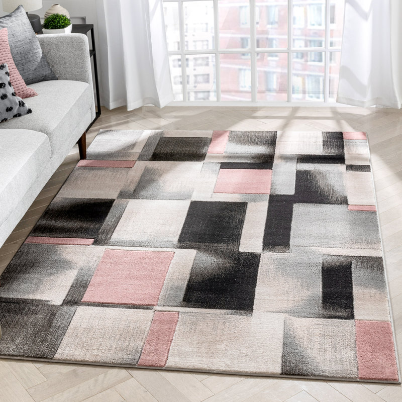 Cillan Modern Geometric Boxes 3D Textured Rug, Rectangle 5'3" x 7'3", Blush Pink