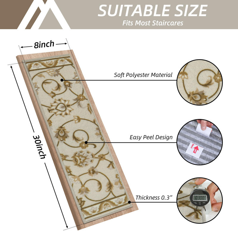 Tapis d'escalier pour marches en bois 15 pièces, Taupe/brun
