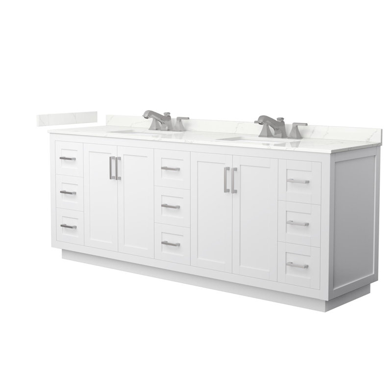 Miranda 84" Freestanding Double Bathroom Vanity with Quartz Top, Giotto Quartz, White, Brushed Nickel