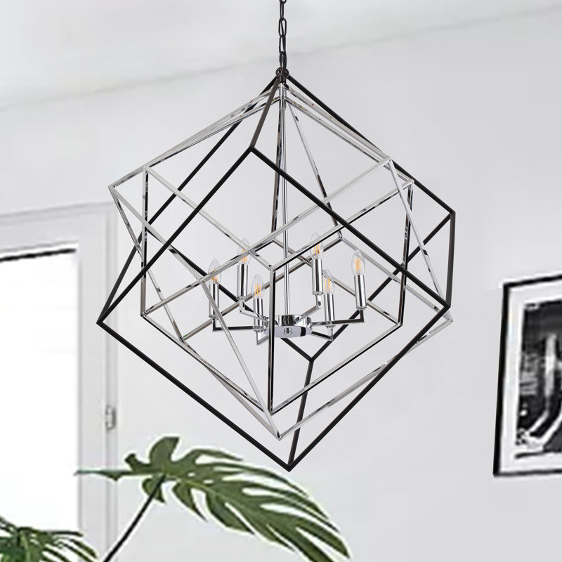 Grand lustre cubique à 6 lumières à finition géométrique Ascot (chrome et noir) Ascot