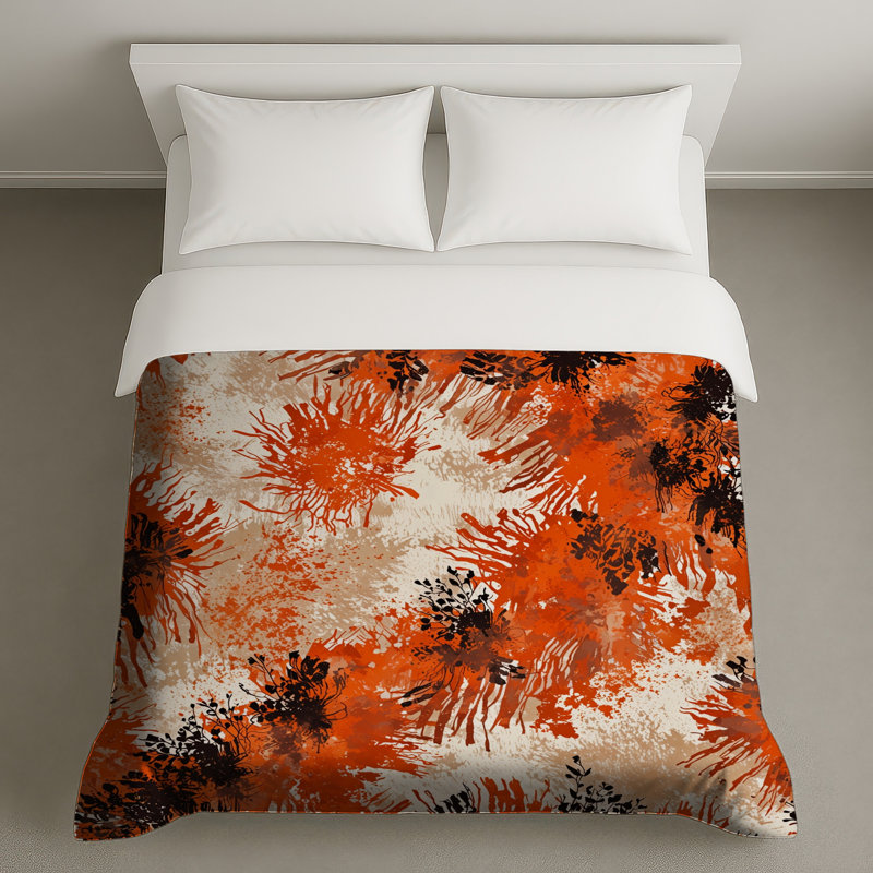 Housses de couette orange, beige et floral, Lit simple