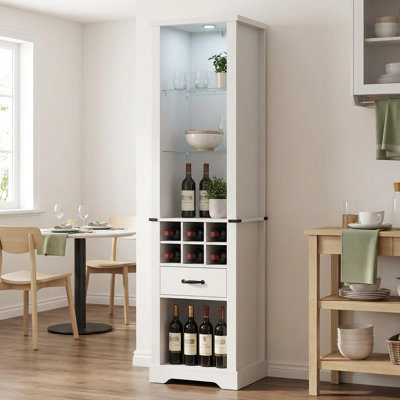 75" tall storage cabinet with LED lights and tempered glass shelves, farmhouse pantry cabinet with wine rack for bathroom