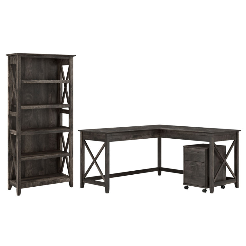 Huckins 3 Piece Credenza Desk Office Set, Dark Gray Hickory