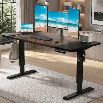 Bureau assis-debout électrique réglable en hauteur 160 x 76 cm, avec panneau de jonction, plateau noir et brun, structure noire à un moteur