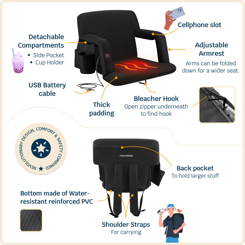 Alpcour Heated Reclining Stadium Seat - Waterproof Foldable Chair with Thick Padding and Back Support, Black