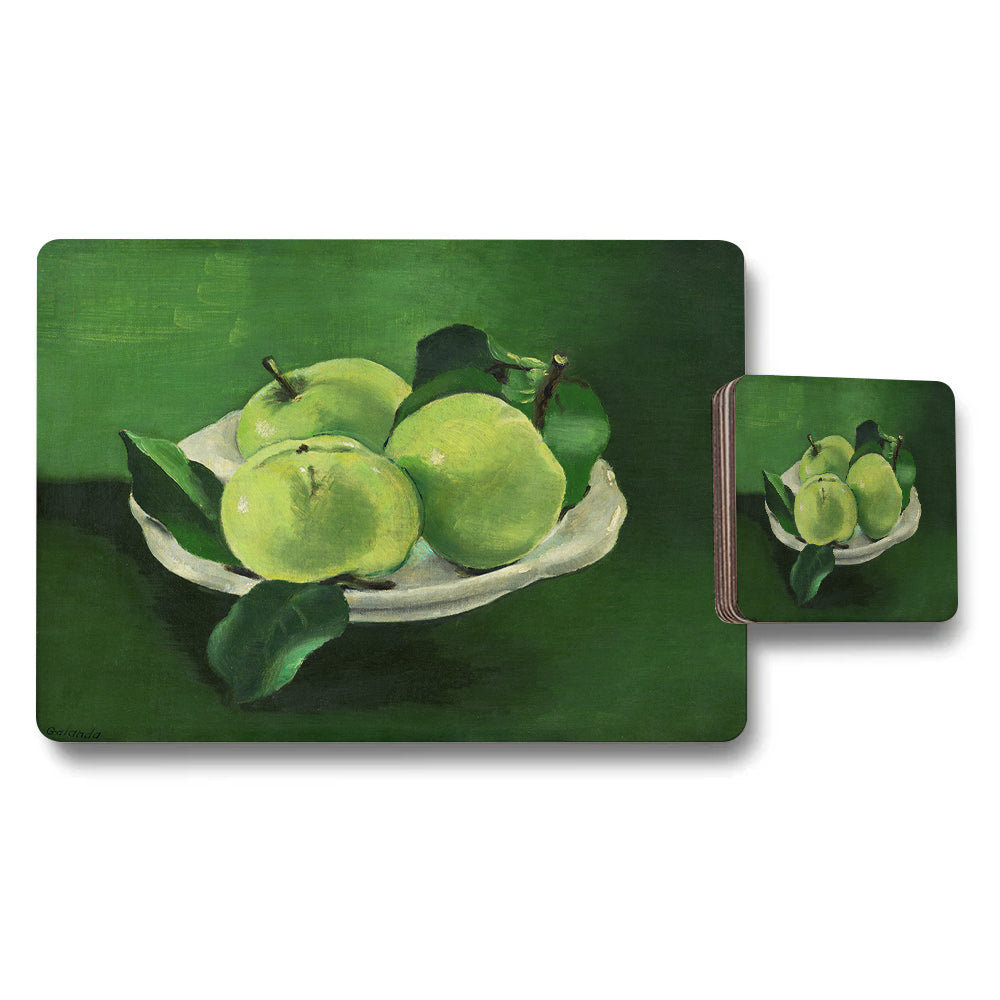 Green Apple Placemats And Coasters Set Still Life Artwork