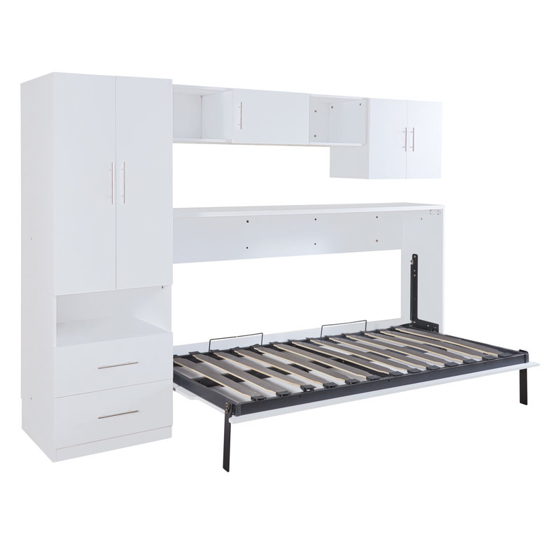 Lit escamotable mural blanc avec bureau, armoire, étagères de rangement et tiroirs