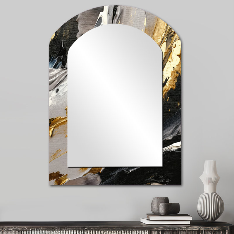 Dreams Of Abundance Black And Gold I - Abstract Painting Arch Decorative Wall Mirror, Modern Asymmetrical Mirror, Printed Metal Art