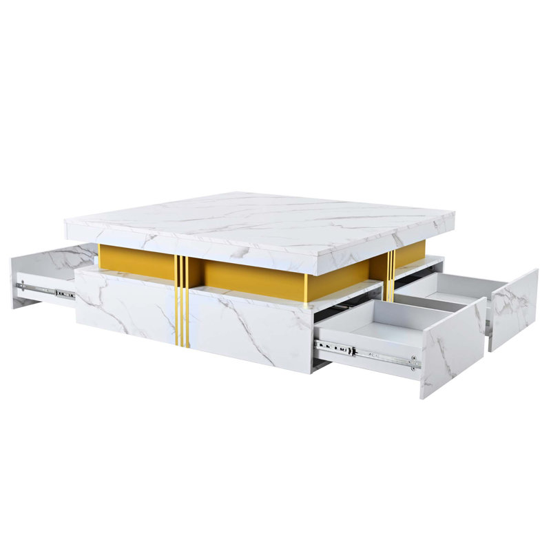 Modern Square Storage Coffee Table with 4 Drawers Contemporary Storage Table Cocktail Table Living Room Table, White Marble