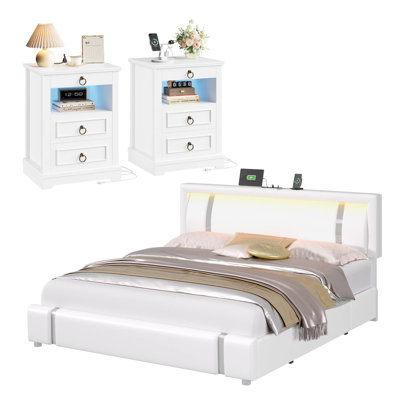 Ensemble de chambre à coucher 3 pièces, lit de rangement tapissier à DEL avec 2 tiroirs et port de charge et 2 tables de chevet à 3 tiroirs avec port de charge