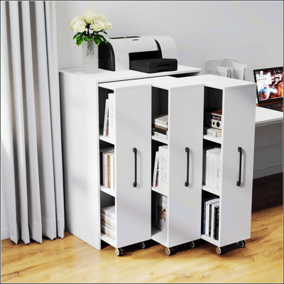 3-Tier Floor Standing Bookcase With Pulled Out Doors, Slide Out Storage, And Hidden Cabinet On Wheels For Office And Home