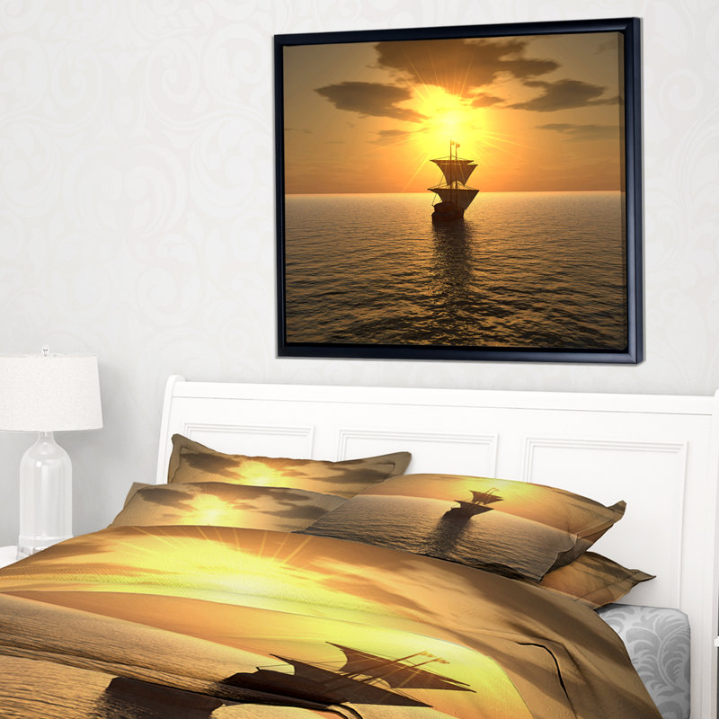 Photographie "navire et coucher de soleil" Seascape, H 30 po x l 40 po x P 1,5 po, Toile avec cadre flottant