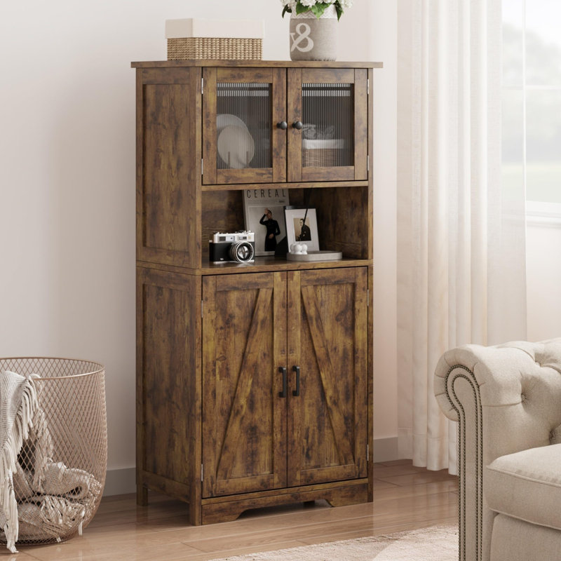 Armoire de cuisine 54 po avec portes en verre et tablettes réglables, huche de rangement autoportante Farmhouse, Brun