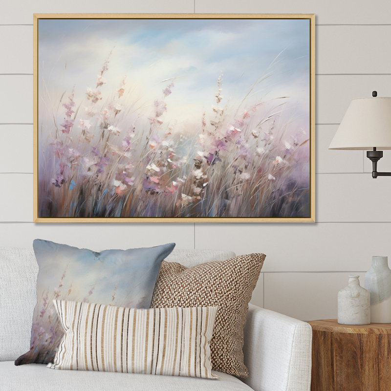 Fleurs murales mauves Whispering Breeze II - art mural fleurs sauvages pour le salon, Cadre naturel flottant