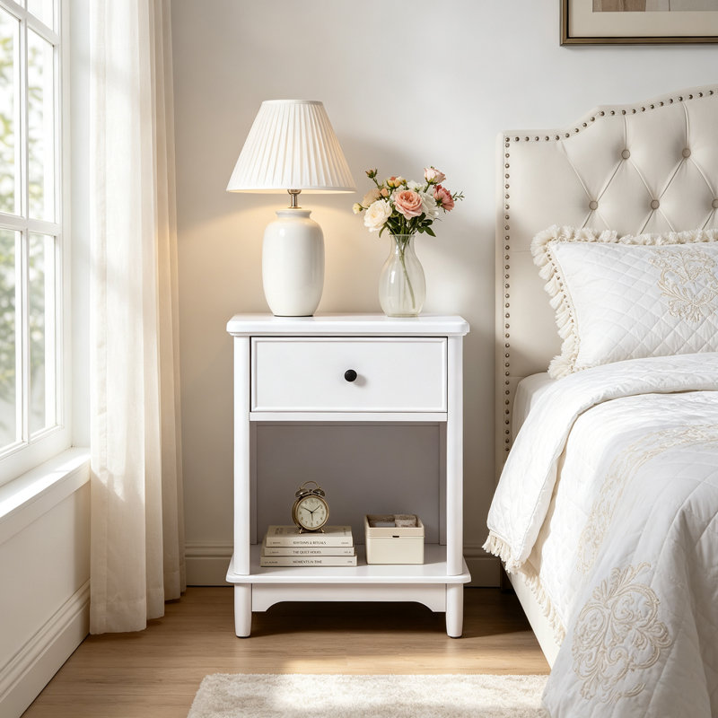 Table de chevet blanche de 60 cm de hauteur, aux coins arrondis, pieds en bois massif, 1 tiroir et étagère ouverte – Style campagnard