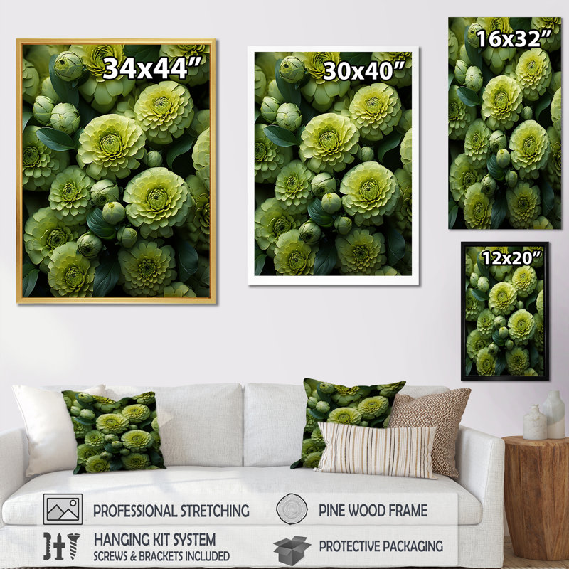 «Twilight Green Zinnias Flowers» sur toile, Cadre flottant noir, H 20 po x l 12 po